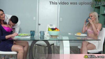 Having breakfast with the busty stepmom and the sexy blonde neighbour MILF - veryfreeporn.com
