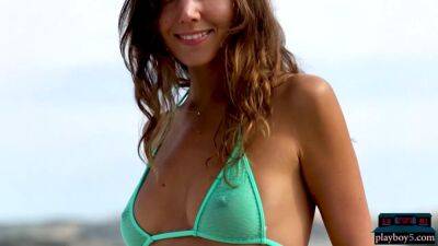 Petite Russian MILF babe Katya Clover beach bikini striptease for Playboy - sunporno.com - Russia