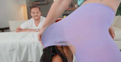 Ebony mom and slutty white girl smash cock in generous FFM massage - alphaporno.com